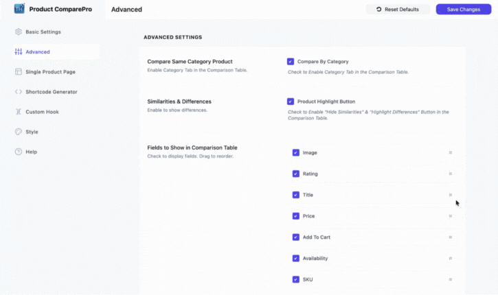 Product Compare Plugin Backend Screenshot 2