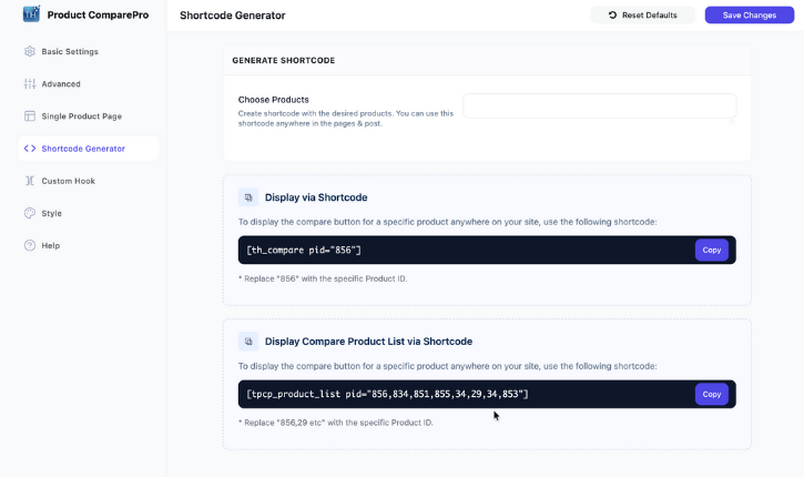 Product Compare Plugin Backend Screenshot 4