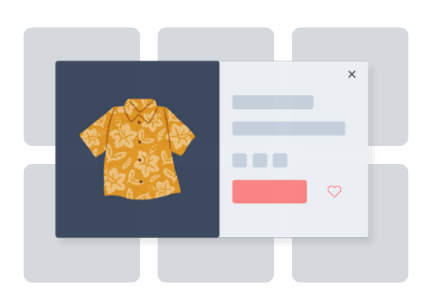 Modal popup showing a product quick view layout with price, description, and add-to-cart button.