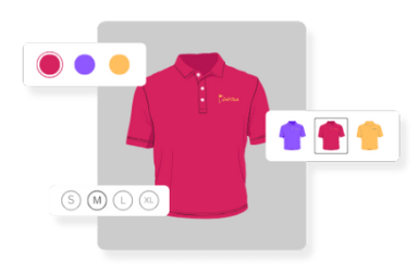 WooCommerce variation swatches showing color and size selection circles for a polo shirt product.